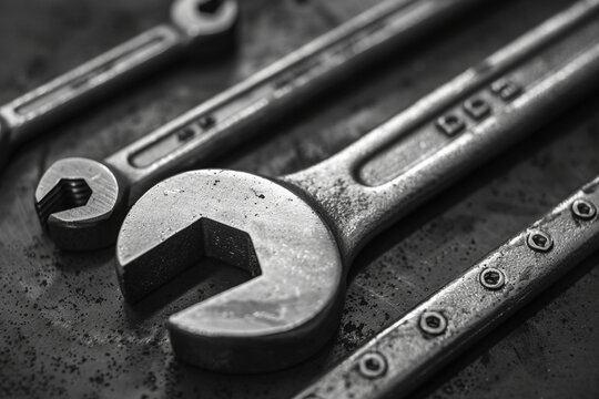 Monochrome wrench art, striking contrast, perfect for garage decor, showcasing mechanic tools in captivating black and white photography.
