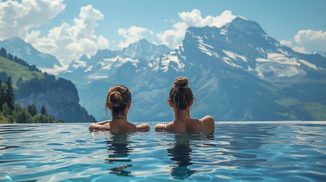 Ladies relishing the elongated vista from the alpine swimming pool and space, Generative AI.
