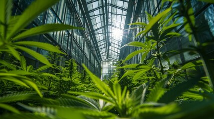 Vibrant green cannabis plants thrive in a meticulously maintained greenhouse