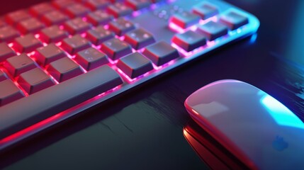 A close-up of a computer keyboard and mouse on a desk.  - obrazy, fototapety, plakaty
