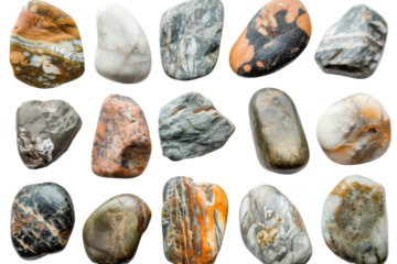 Collection of water river stone or spa stone with various types and shapes isolated on background, rock round shape.