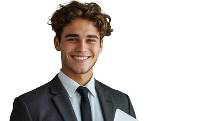 A young man in a suit and tie, holding a laptop and smiling confidently, standing over white background, isolated on transparent background, png format