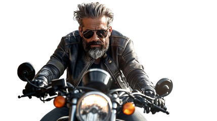 A bearded man in a leather jacket and sunglasses, riding a motorcycle on a road, isolated on...