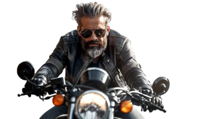 Poster A bearded man in a leather jacket and sunglasses, riding a motorcycle on a road, isolated on transparent background, png format © Mr Arts