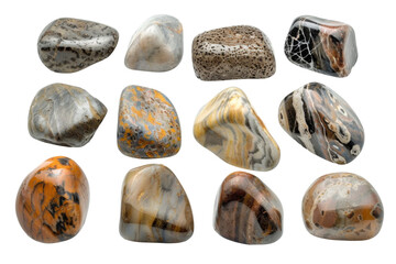 Collection of water river stone or spa stone with various types and shapes isolated on background, rock round shape.