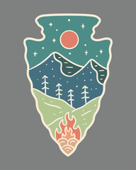 Illustration of the bonfire and mountain view in arrowhead shape flat design vector