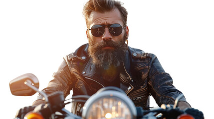 A bearded man in a leather jacket and sunglasses, riding a motorcycle on a road, isolated on...