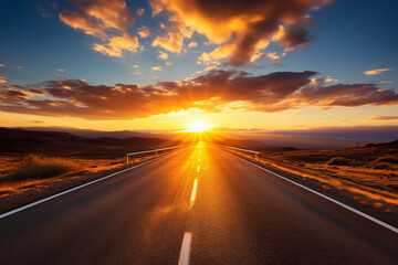 Road in the desert at sunset, Nevada, USA. Travel background