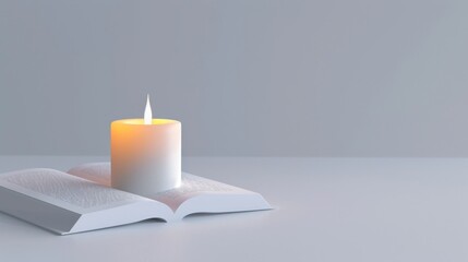 A burning candle on an open book in the dark background.