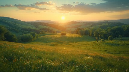 Beautiful natural panoramic countryside landscape. Blooming wild high grass in nature at sunset warm summer.