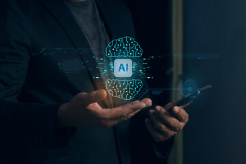 Businessman show virtual graphic Global Internet networks With AI - Artificial intelligence. Ai digital brain. Futuristic technology transformation. Chatbot Chat with AI.