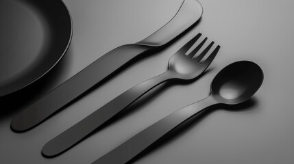 A table with a black plate, spoon, knife, and forks on a black table.