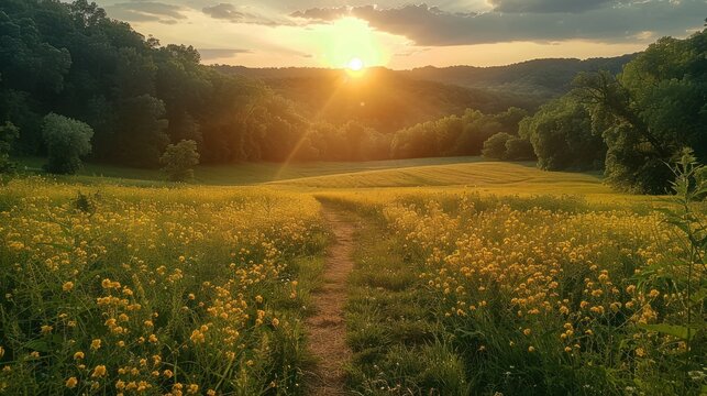 Beautiful natural panoramic countryside landscape. Blooming wild high grass in nature at sunset warm summer.