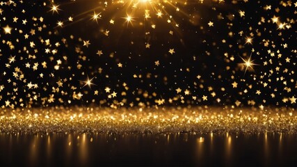 Golden stars sparkle wallpaper, glowing golden stars light particles background, golden light stars and black screen wallpaper