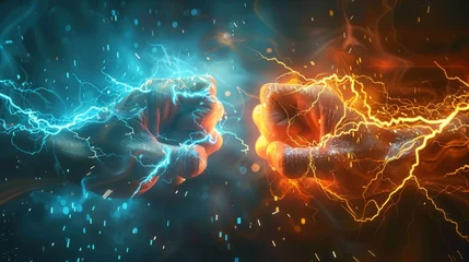 Foto op Plexiglas Two Fists Bumping with Lightning. © Aris Suwanmalee