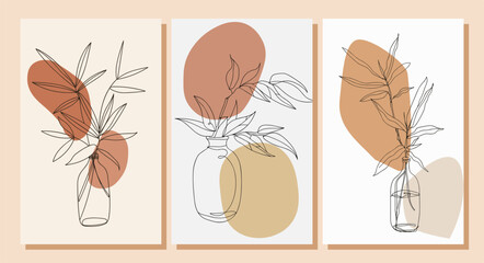 Botanical wall art vector set. Hand draw template leaves and line art background for paper, Foliage line art drawing with abstract shape. Abstract Plant Art design for print, cover, wallpaper