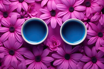 Aroma blooms: Two coffee mugs peacefully sit atop a bed of vibrant purple flowers, creating a harmonious and tranquil scene in a flat lay top view creative color design concept