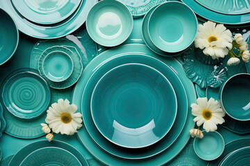 A symphony in blue: A table adorned with an array of blue plates and vibrant flowers, creating a harmonious and artistic flat lay top view design concept