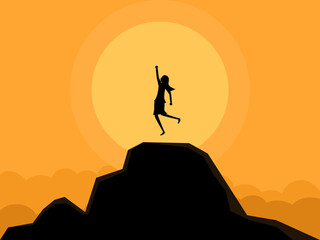 woman jumping with joy on top of mountain. Vector