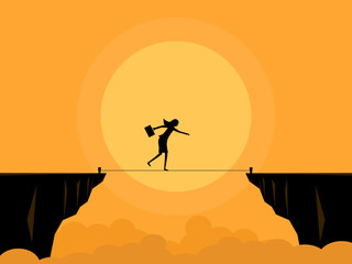Balanced businesswoman climbs rope across cliff gap. vector
