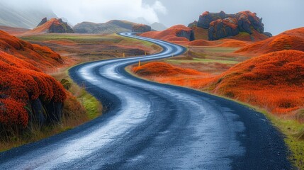 Winding road through volcanic landscape, near Lake Kleifarvatn on a foggy, - obrazy, fototapety, plakaty