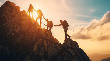 Silhouetted climbers on a rocky mountain at sunset, showcasing teamwork and cooperation in overcoming challenges.