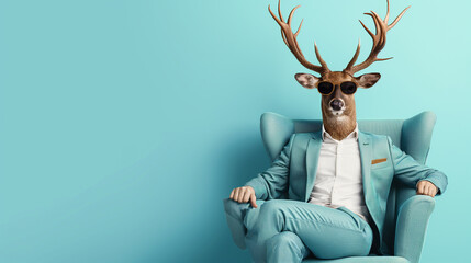 A humorous and surreal image of a deer dressed in a business suit and sunglasses, seated confidently in an armchair. - obrazy, fototapety, plakaty