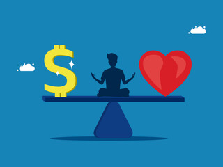 meditating on seesaw, balancing money and heart