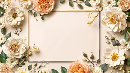 Elegant floral frame a blank card, featuring cream and peach paper flowers with delicate foliage.