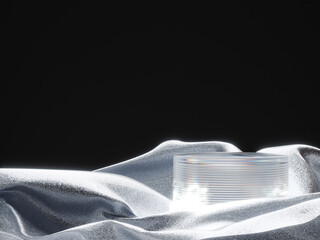 Glass Podium or Pedestal with Sparkling Glitter Texture Fabric in or Elegant and Deluxe Product Presentation or Product Display 3d Rendered