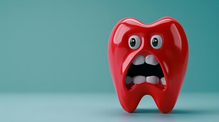 Red colored 3D cartoon tooth with an angry and surprised face in a clean blue-green backdrop with space for text or product, Generative AI.