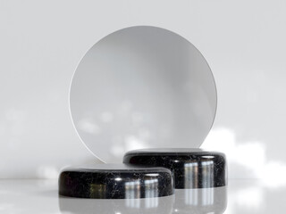 Podium or Pedestal Platform with Black Circular Marble on Bright Sunny Day with Dappled Light for Product Presentation 3d Rendered