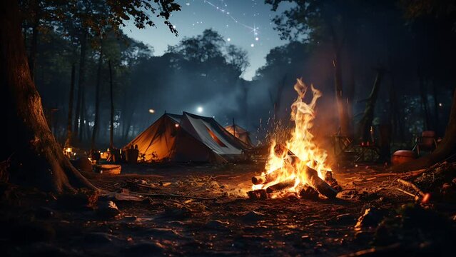 A lively bonfire blazing in the center of a campsite