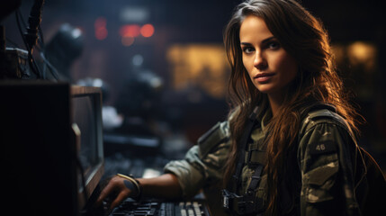Fototapeta na wymiar Focused Female Soldier Operating High-tech Equipment in Military Control Room
