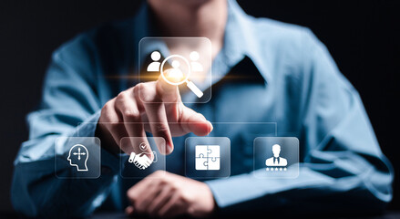 Onboarding concept. Introduce newly hired employee into an organization with behavior, welcome, knowledge, and skills. Person touch onboarding icon on virtual screen