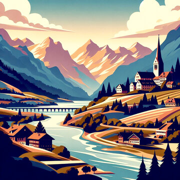 European mountain village at river view postcard