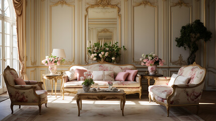 An elegant French provincial sitting room with a floral-patterned sofa set, gilded mirrors, and classic furniture. - obrazy, fototapety, plakaty