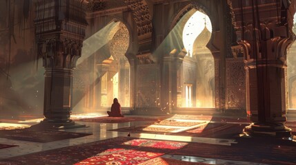 A solitary person is praying in a serene, ornately designed mosque with sunlight streaming through the windows.