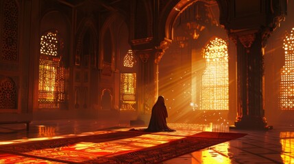 A solitary person is praying in a serene, ornately designed mosque with sunlight streaming through the windows.