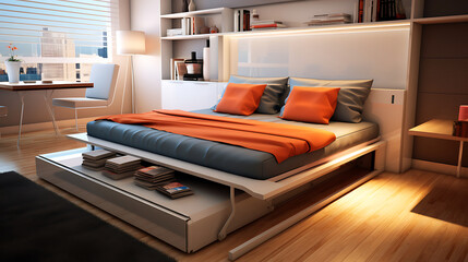 An open-concept studio apartment with a multifunctional sofa set, transforming into a bed for efficient use of space.