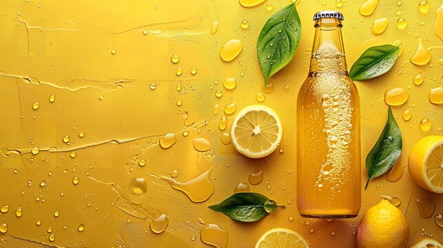 Top view of a bottle of beer with yellow surface and lemon with a space for text or product, Generative AI.
