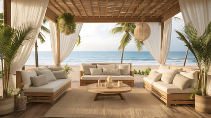 A beachfront cabana with a chic rattan sofa set, flowing curtains, and panoramic views of the ocean.