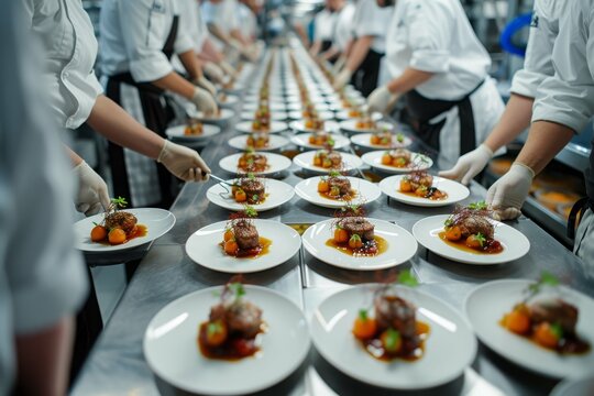 Preparation of signature meals in the kitchen of a restaurant. Rows of meal with culinary art