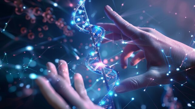 Digital of Virtual analysis chromosome DNA test of human in situations disease COVID-19 virus microscopic molecular structure on hands in 3D illustration