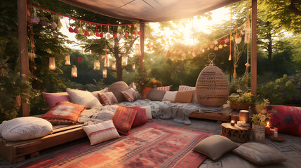 A bohemian backyard picnic area with a low seating sofa set, floor cushions, and a tapestry canopy. - Powered by Adobe