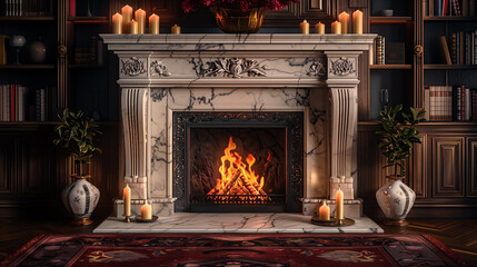 A marble fireplace with a roaring fire and a mantel decorated with antique vases and candles in a cozy study