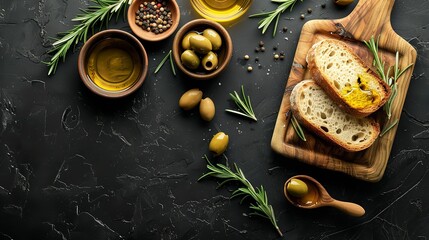 Top view of olive oil and olives kept with white bread slices in a dark backdrop with a space for text or product, Generative AI.