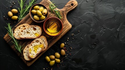 Top view of olive oil and olives kept with white bread slices in a dark backdrop with a space for text or product, Generative AI.