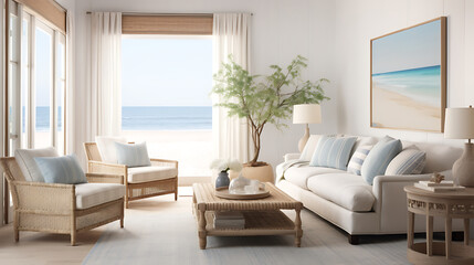 A coastal-inspired bedroom with a sofa at the foot of the bed, light and airy decor, and ocean-inspired accents.