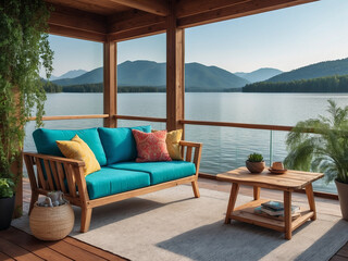 Fototapeta na wymiar Lakeside Comfort, Wooden Frame Fabric Sofa on the Water's Edge